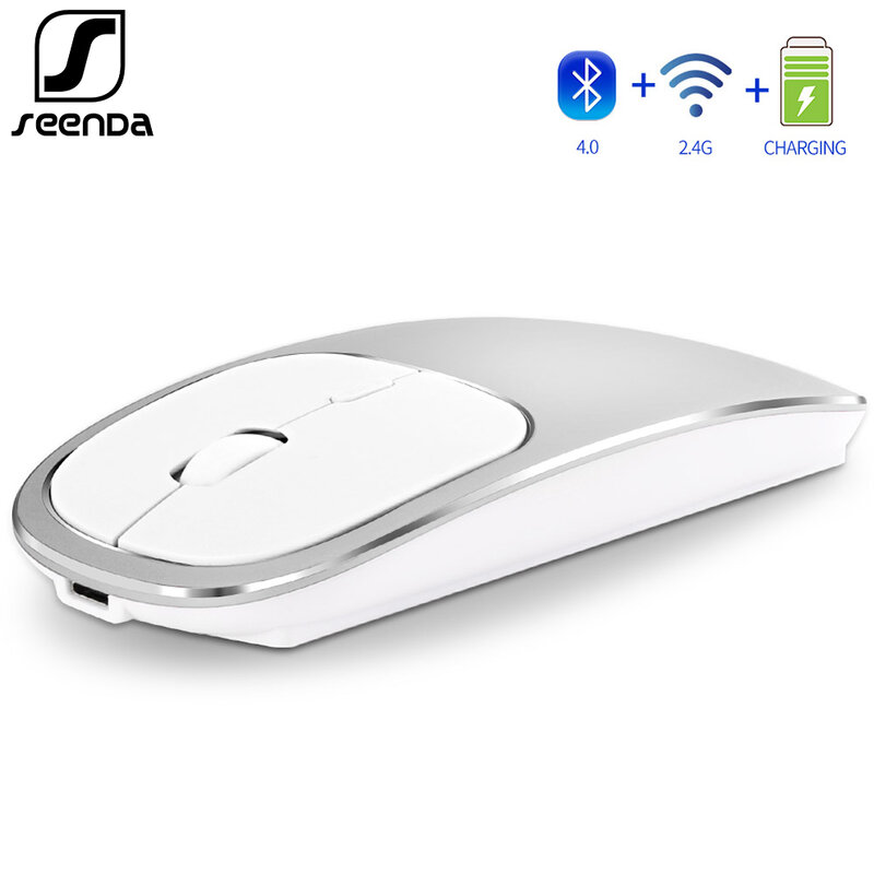 Seenda bluetooth 4.0 sem fio mouse 2.4g usb duplo modo recarregável mouse para tablet portátil tv inteligente silencioso clique design de metal