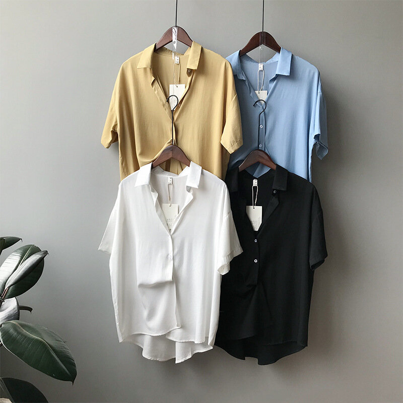 CMAZ-Blusa de gasa para mujer, camisa de manga corta, Tops blancos con cuello en V, ropa de oficina de estilo coreano, 0390 #