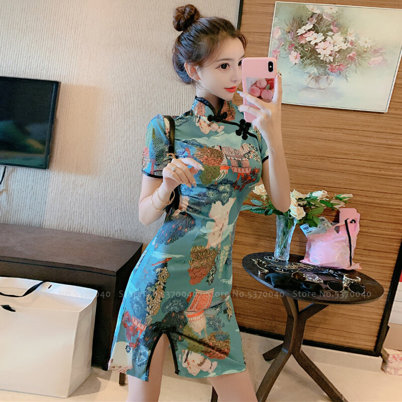 Vestido chinês tradicional feminino, guindaste estampado, retrô, sexy, elegante, fino, saia, qipao, banquete, hanfu, vestidos de discoteca