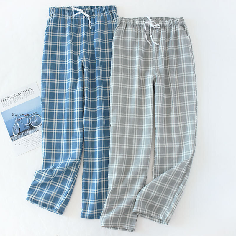 Calças de gaze masculinas xadrez, calças de dormir de malha, pijama masculino, calças de dormir