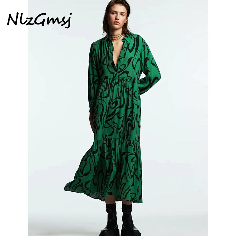 Nlzgmsj Za Dress Women 2021 Vintage Floral Print Pleats Shirt Dress Female Single Breasted Vestido Chic A Line Midi Dress 202110