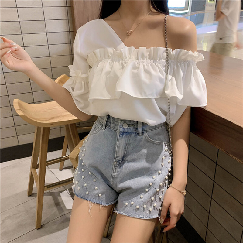 Women Blouse Sexy Off-shoulder Flared Sleeve Ruffled Chiffon Shirt Loose And Sweet Young Lady Top Summer Dating Korean Boho Tee