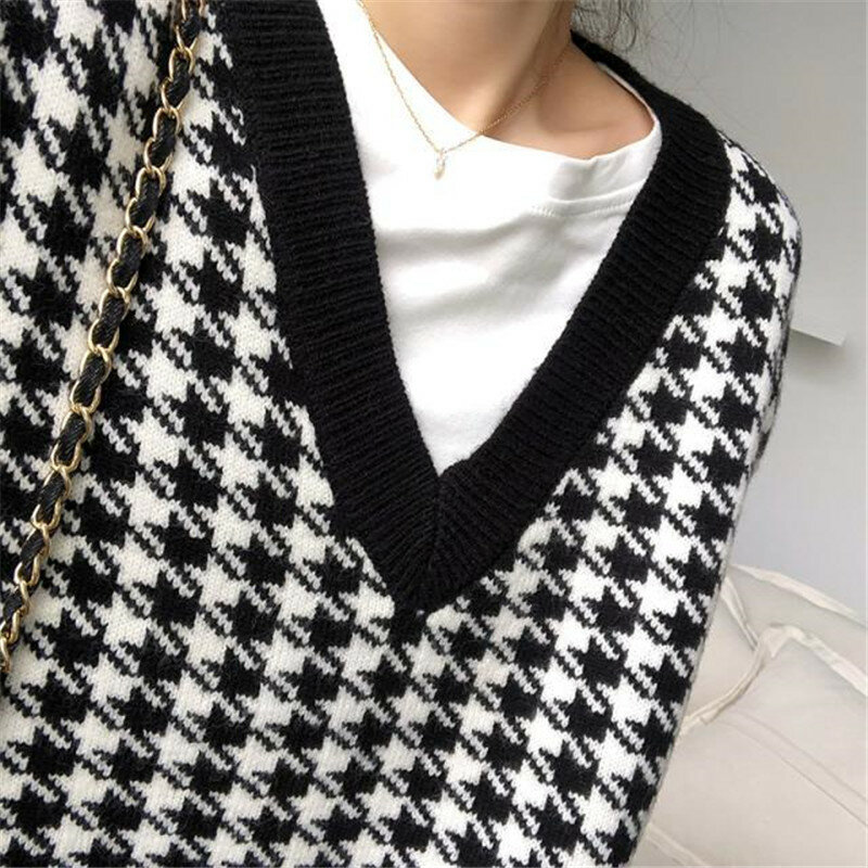 2021 Women Houndstooth Loose Knitted Vest Sweater Girls V Neck Sleeveless Thick Vintage Sweater Suits Female Waistcoat Chic Tops