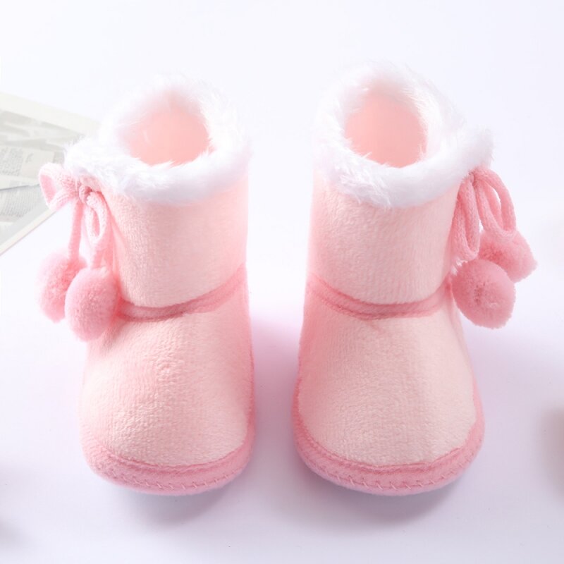 Weixinbuy Toddler Baby Solid Color Plus Velvet Cotton Shoes Newborn Double Pompom Soft Sole Snow Boots Infant First Walker