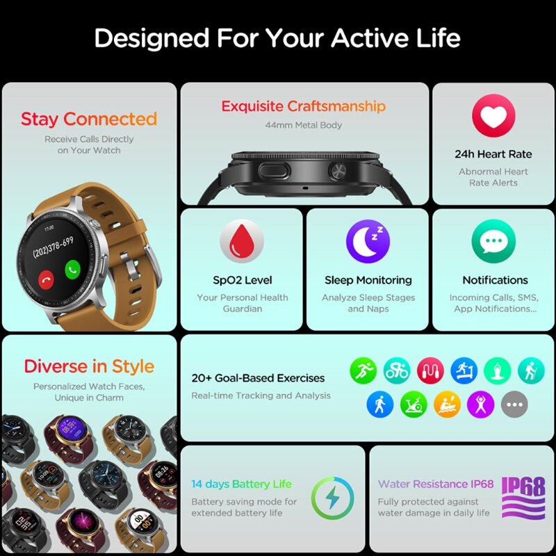 H4GA Zeblaze GTR2 Smart Watch Fitness cardiofrequenzimetro compatibile con Bluetooth monitoraggio del sonno modalità Multi sport promemoria chiamate sedentarie