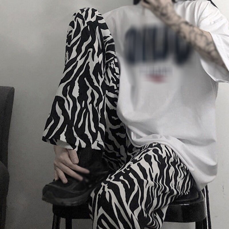 Calça feminina boca larga estampa zebra, calças femininas casuais cintura elástica rasteirinhas