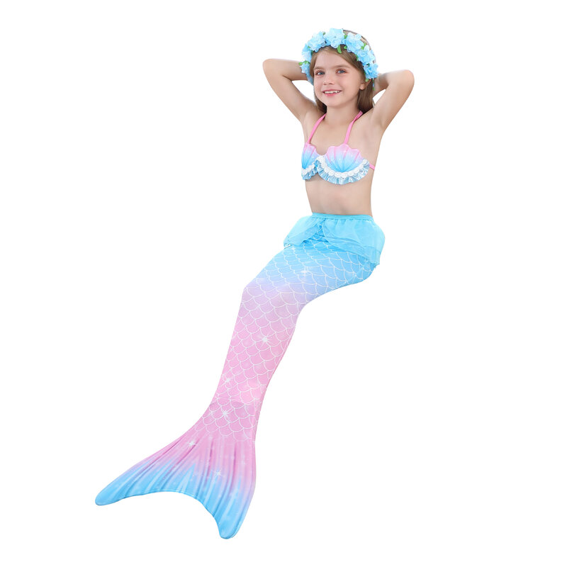 3PCS/Set The Little Mermaid Tail Costume Swimsuit Kids Mermaid  Cosplay Mermaid Swimwear Birthday Gift Fancy Dress Can Add Fin