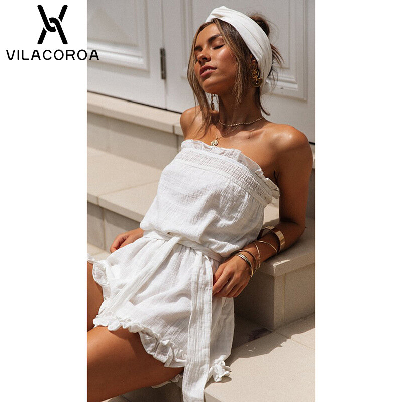 Summer Short Fashion Sleeveless One-neck Wrap Chest Ruffled Wrapped Chest Belt With Irregular Pleats Cuffed Trumpet Jumpsuit