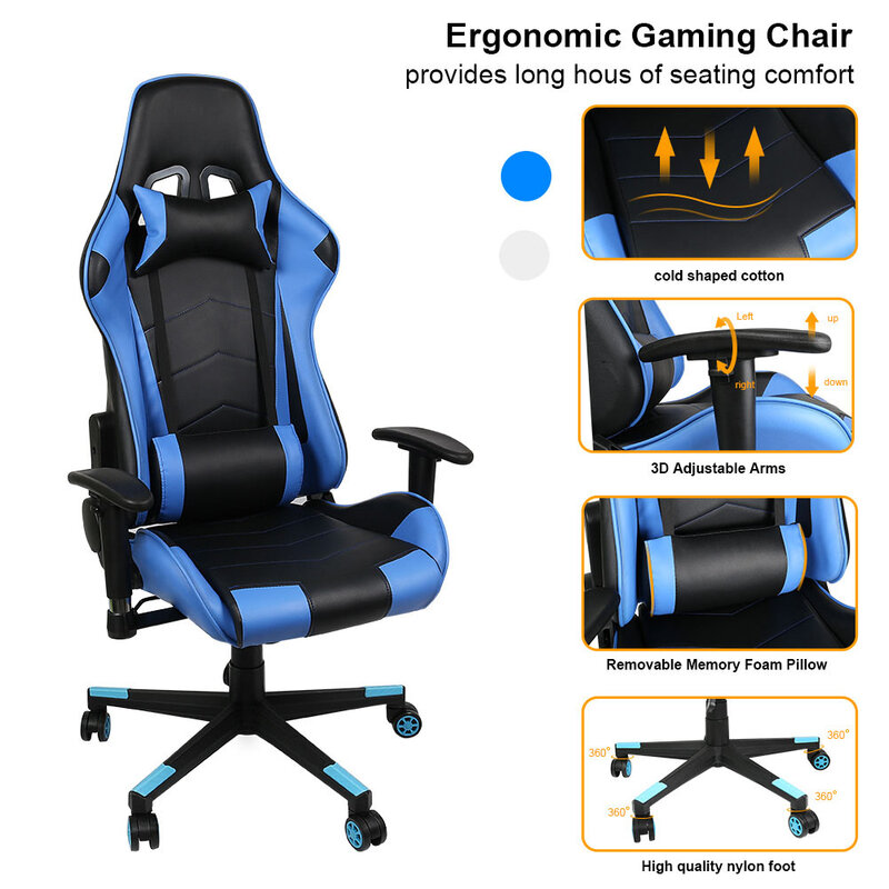 Ergonomic Computer Gaming Chair Racing High Back Soft PU Leather Adjustable Angle 360 Degree Swivel