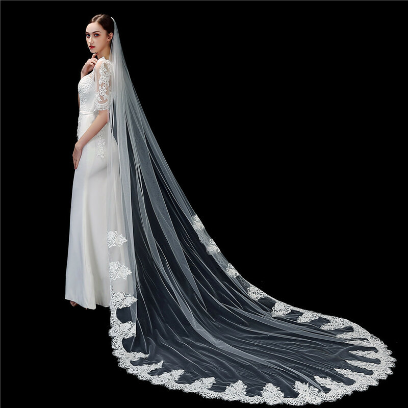 Bruidssluier 2021 Nieuwe Bruiloft Met Kam Lace Edge One-Layer Geappliqueerde 3M Kathedraal S