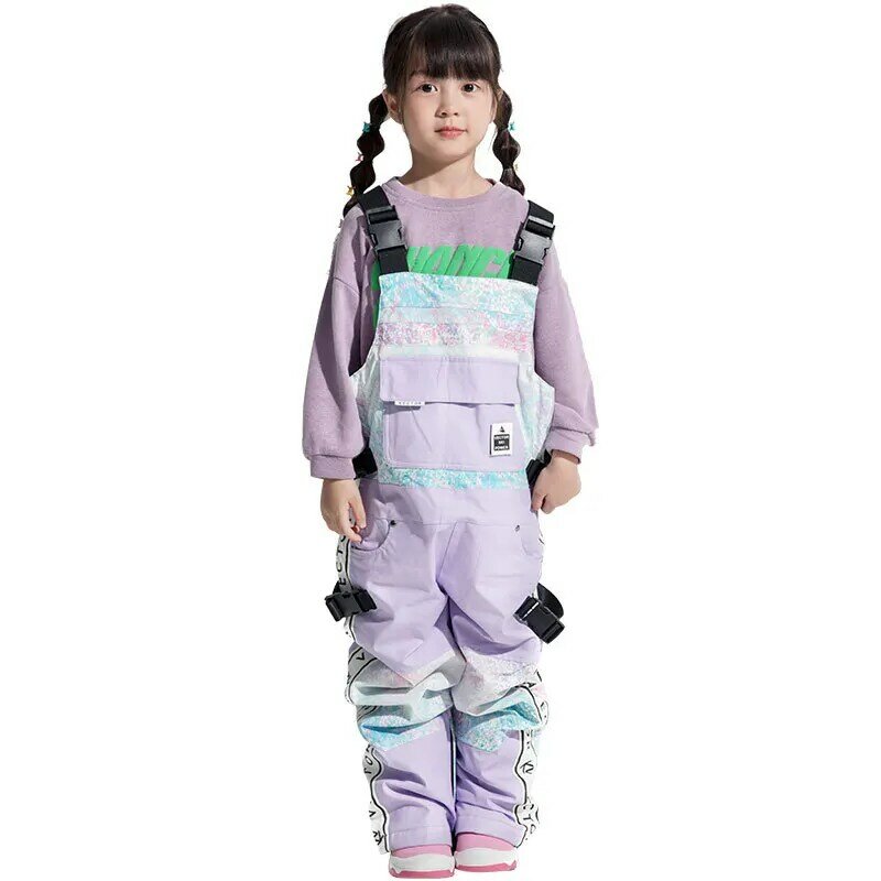 Calça esportiva de esqui para meninas, calça com suspensórios de alta qualidade à prova de vento para esportes ao ar livre quente à prova d'água