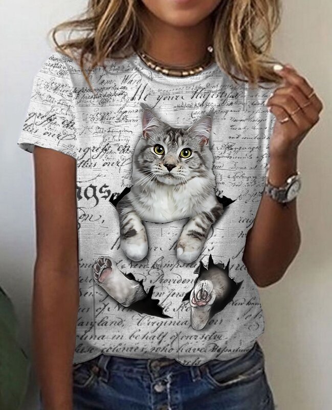 T-shirt Wanita Perempuan Gambar 3D 2021 Atasan T-shirt Kasual Musim Panas Uniseks Lengan Pendek Leher Bulat Hewan Kucing Imut