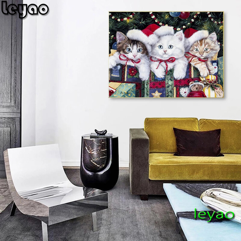 Pintura de diamantes 5d Diy, bordado de animales, Cuadrado y Redondo, decoración de muebles de mosaico de gato de Navidad, regalo de pasatiempo hecho a mano,