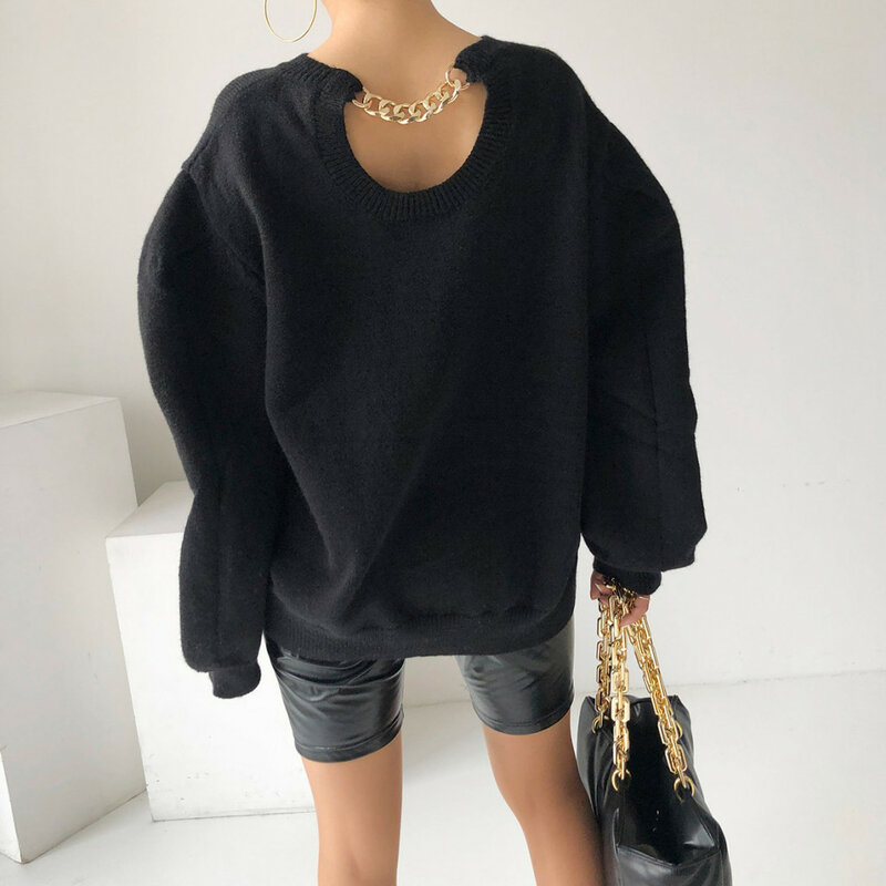 Korean Chic Niche Design Sneaky Design Back Chain Hollow-out Long Sleeve Sweater Outer Wear Lazy Sweater