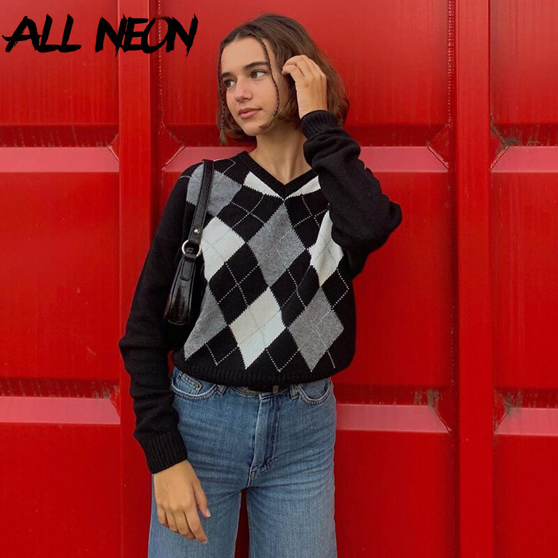 Allneon indie estética argyle xadrez malha y2k suéteres harajuku decote em v manga comprida pullovers e-girl vintage streetwear outono