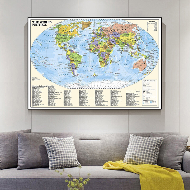 Mapa mundi de 150x100cm com índice de país, pintura em tela não tecida, pôster de arte para parede, decoração para casa e material escolar