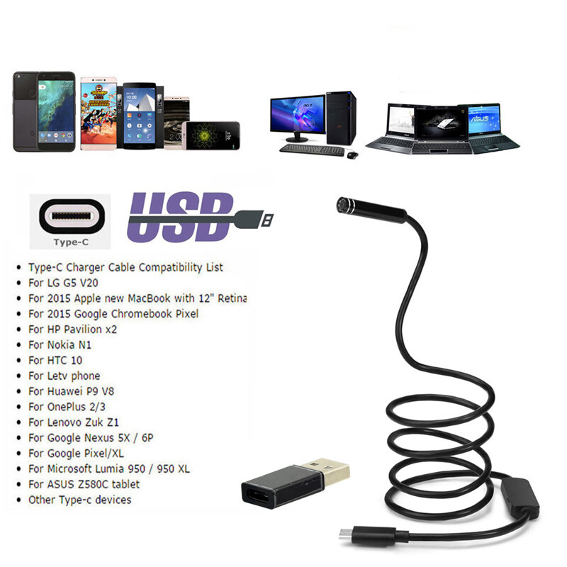 7mm 8mm USB Type-C Endoscopic Camera HD Car Repair Pipe Inspection Borescope 1M 1.5M for OTG Android Phone PC Notebook Macbook