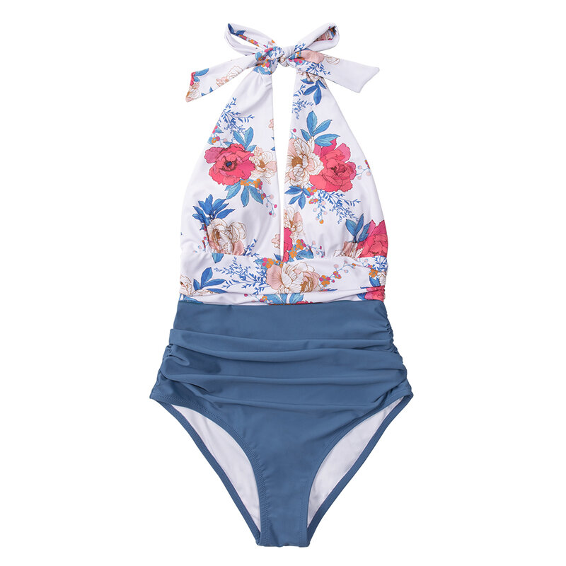 Navy Floral Tiefem V-ausschnitt Halter One-Stück Badeanzug Sexy Backless Lace Up Frauen Monokini 2021 Strand Badeanzüge Bademode