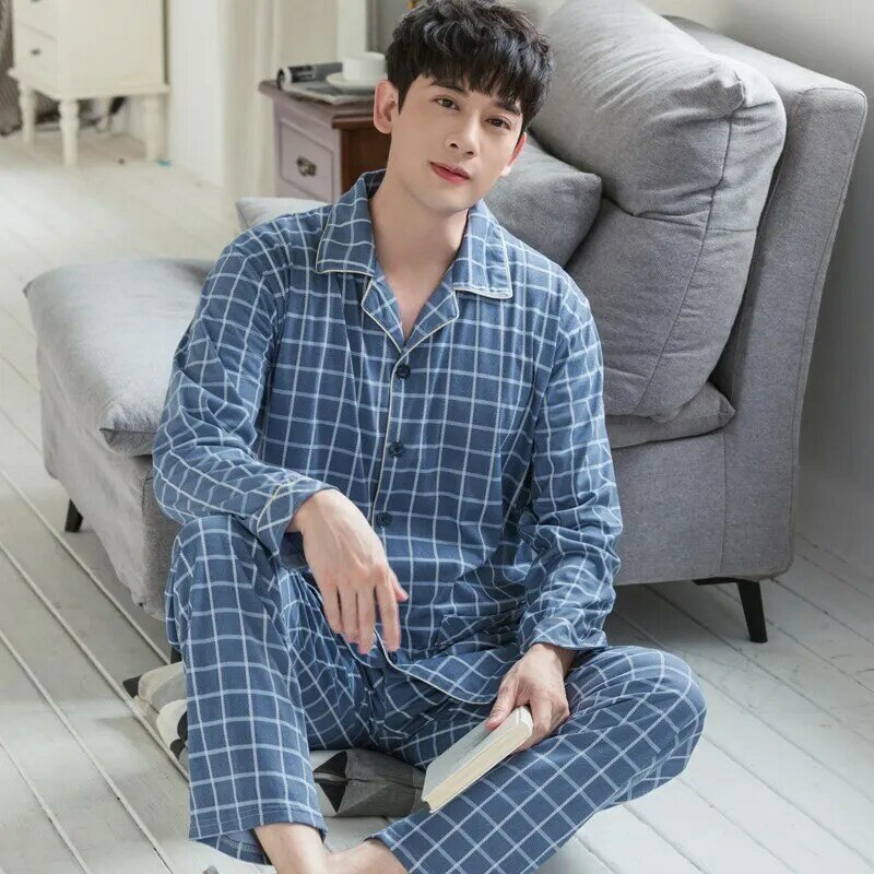 100% algodão pijamas dos homens azul xadrez primavera casa wear pijamas definir 2 peças quarto pjs manga longa outono pijamas pant ternos