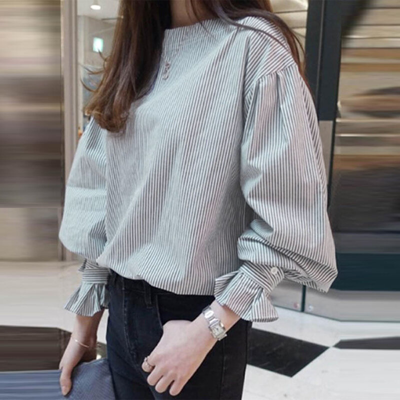 Women Blouse Tee Stripe Round Neck Lantern Sleeve Pullover Korean Spring Autumn Long Sleeve Office Ladies Causal Tops Shirts