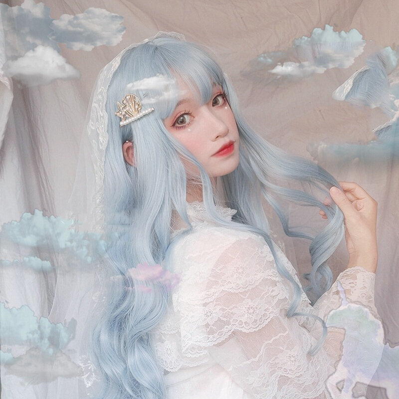 70CM Long Sky Blue Ombre Lolita KC Wig Heat Resistant Bangs Cute Party Synthetic Curly Hair