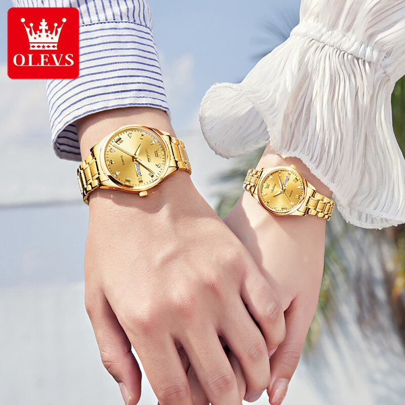 OLEVS New Пара смотреть Golden Fashion Stainless Steel Lovers Watch Quartz Wrist Watches Women Waterproof Calendar Wristwatch