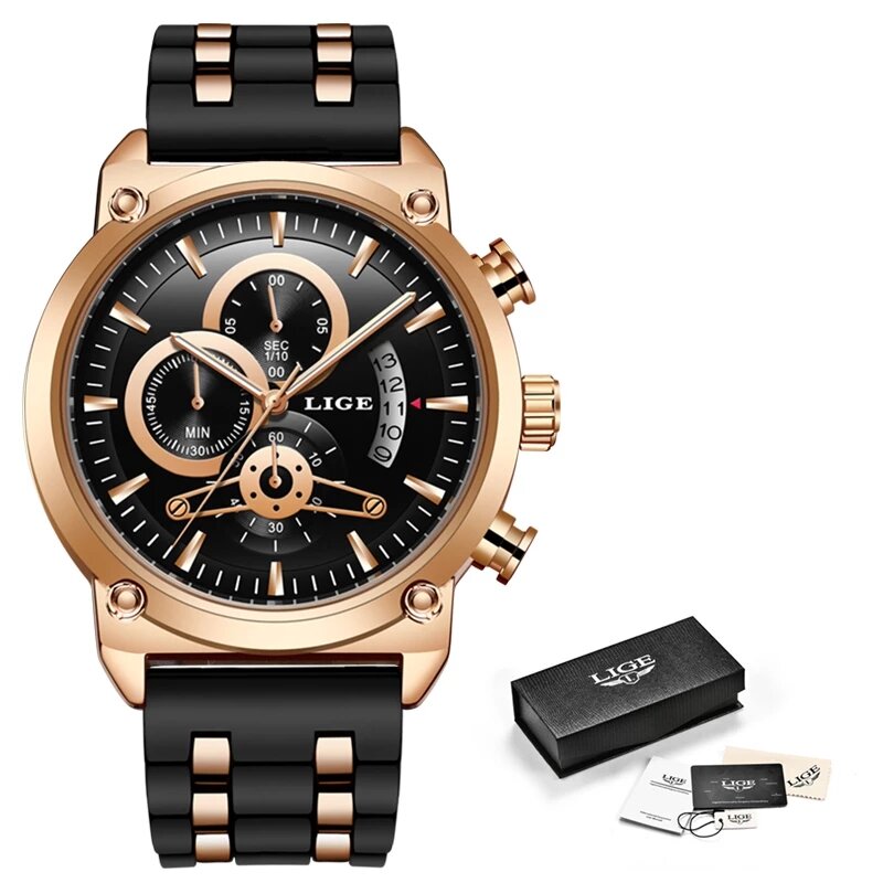 LIGE nowe klasyczne czarne męskie zegarki Top marka luksusowy zegarek dla człowieka wojskowy silikonowy wodoodporny zegar kwarcowy Relogio Masculino