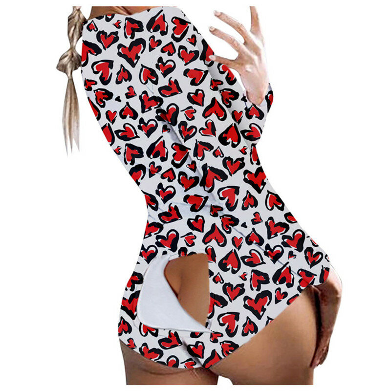 HIRIGIN Leopard Print 점프 슈트 잠옷 잠옷 여성 엉덩이 플랩 섹시한 Clubwear Mujer Lingerie Deep V-neck Buttons Up Rompers
