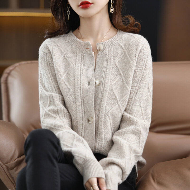 Casaco feminino cardigan outono e inverno novo pescoço redondo coreano solto lã pura grossa casual malha versátil moda camisola