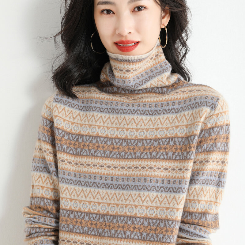 Autumn Winter New Women's Wool Knit Sweater Ethnic Wind High Neck Iong Sleeve Thick Sweater Pullover Bottoming Shirt  Outer Wear