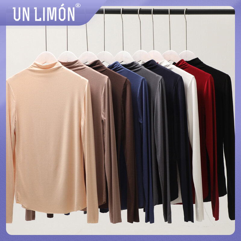 UNLIMON Women Long Sleeve New Style Korean Style Seamless Modal Solid Color High Collar Top