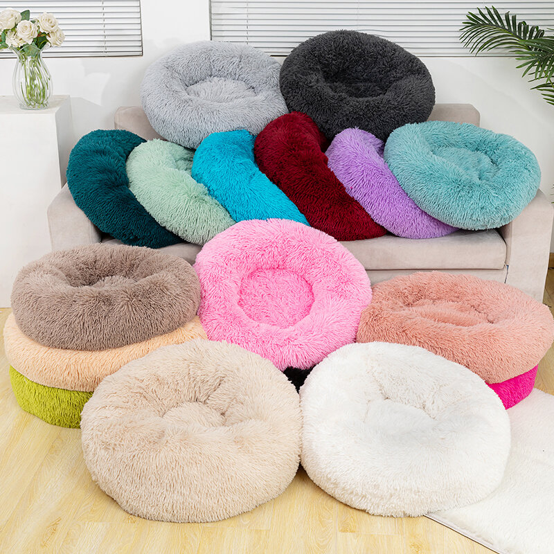Pure color round plush dog bed cat litter soft and fluffy winter thick warm pad pet bedding supplies medium and large dogs