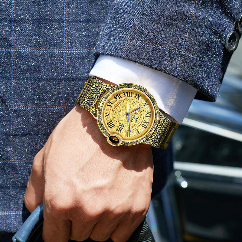 Часы 2021 new fashion retro men's large plate gold watch quarzo cinturino in acciaio inossidabile orologio da uomo orologio in oro