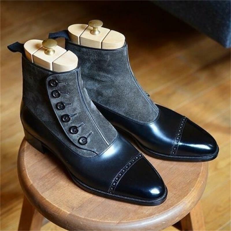 2021 New Men Fashion Trend Dress Shoes Handmade Black PU Stitching Gray Faux Suede Hollow Button Gentleman Ankle Boots KU093