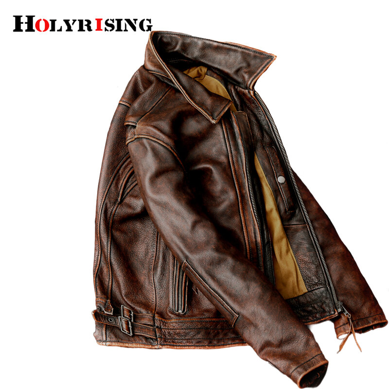 Chaqueta de cuero genuino para hombre, abrigo Vintage de cuero de vaca marrón, chaqueta de motorista a la moda, abrigo de cuero de talla grande, 2020
