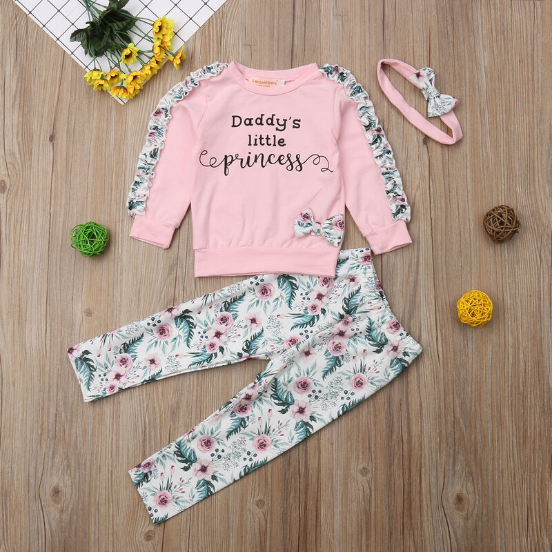 Осенне-зимний комплект одежды из 3 предметов для новорожденных девочек, футболка с длинными рукавами с оборками и цветочным рисунком, топы, штаны, повязка на голову