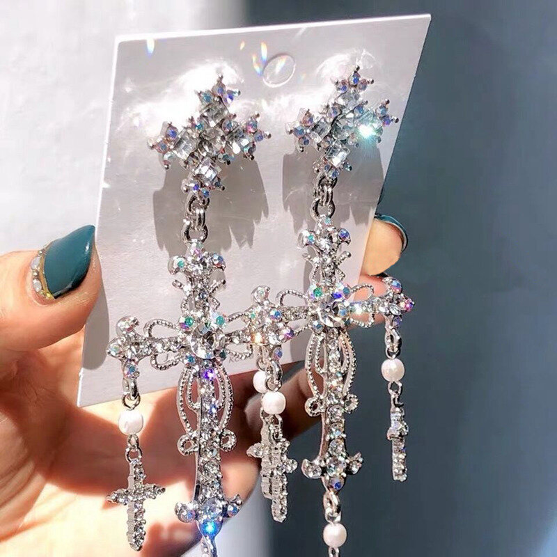 Korean New Trendy Luxury Palace Style Silver Color Crystal Pearl Cross Dangle Earrings For Women Elegant Party Jewelry