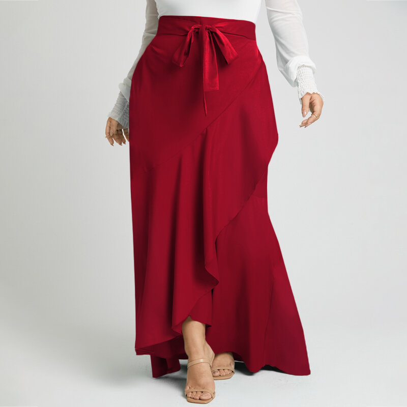 Женская длинная юбка, модная Осенняя повседневная юбка с высокой талией и поясом, длинная юбка, вечерние асимметричные юбки с оборками, 2022