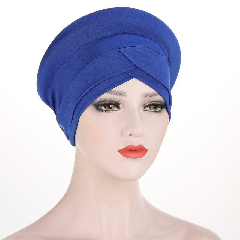 Muslim Women Cross Silky Sponge Headscarf Turban Hat Chemo Headwear Headwrap  Elastic Pleated Hair Loss Beanies Chemo Cap