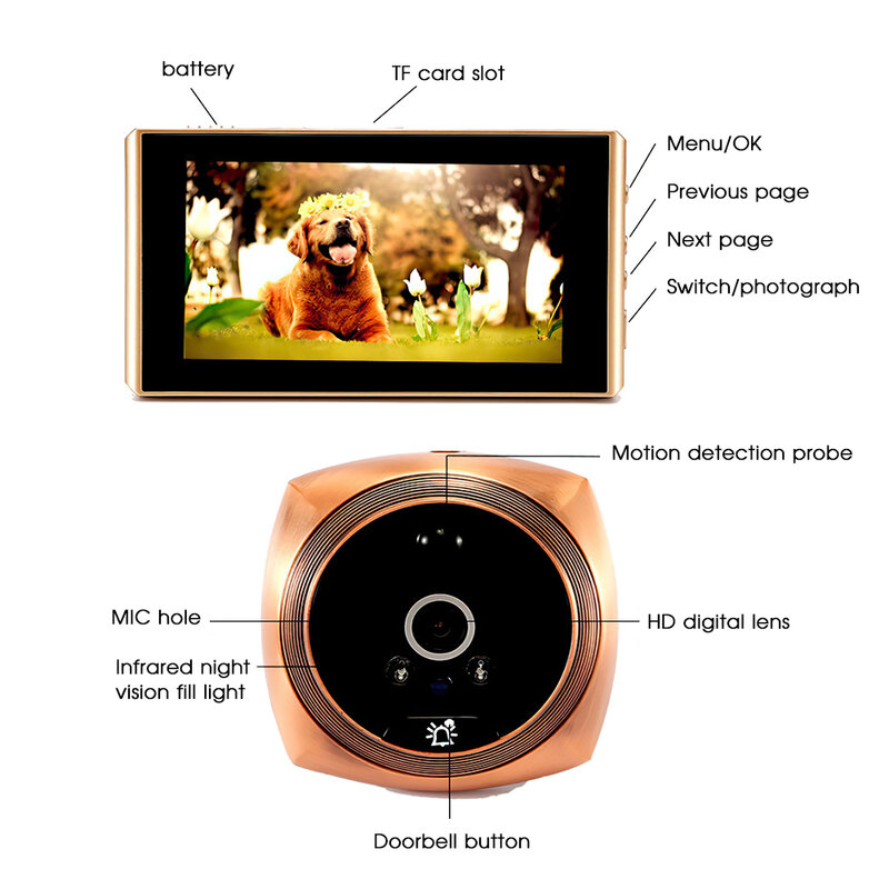 Видеодомофон, камера HD, 4,3 дюйма, широкоугольная, обнаружение движения