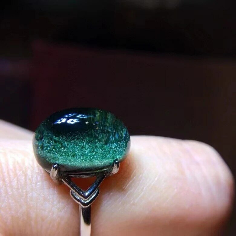 Genuine Natural Green Phantom Quartz Big Adjustable Oval Ring 925 Silver 15.1/9.4mm Phantom  Jewelry AAAAA
