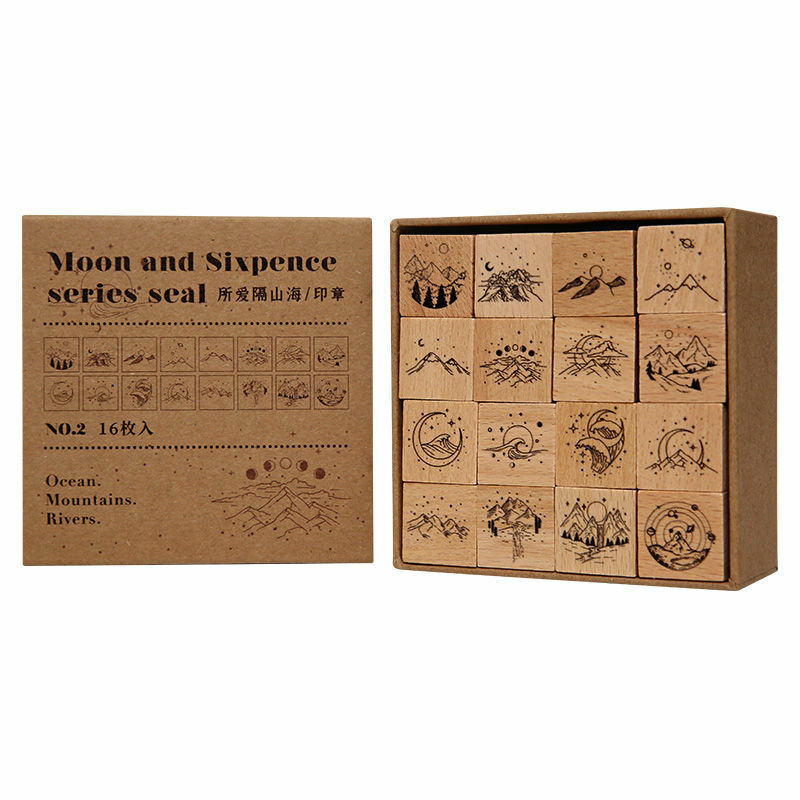 16 Stks/set Vintage Wood Postzegels Handboeken Diy Prints Ruimte En Planet Thema Decoratieve Patronen Voor Scrapbooking