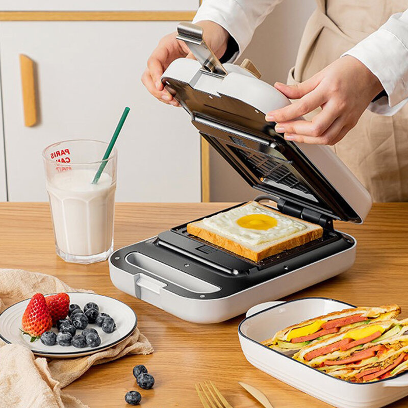 Máquina de sanduíche elétrica máquina de café da manhã máquina de waffle máquina de bolha ovo bolo forno sanduíche função cronometragem