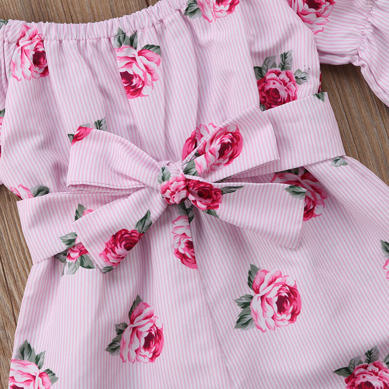 2021 Brand New Princess Baby Girl pagliaccetto floreale Off spalla Flare manica fiocco tuta a righe tutina Outfit abiti da sole