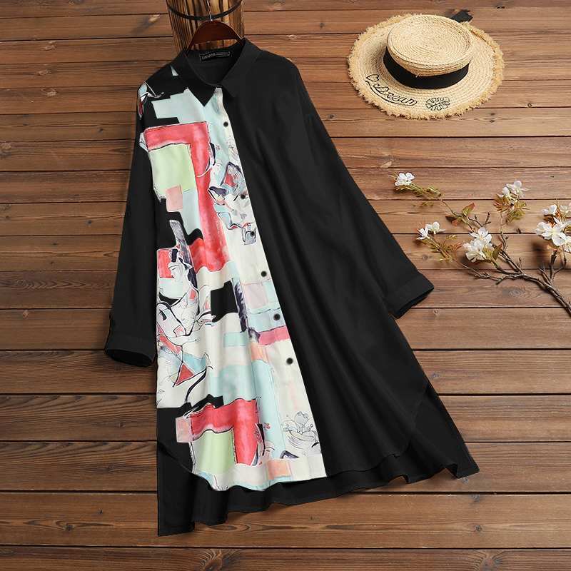 ZANZEA-camisa hawaiana de manga larga para mujer, ropa informal con estampado de retales, elegante, con solapa, para otoño, 2022