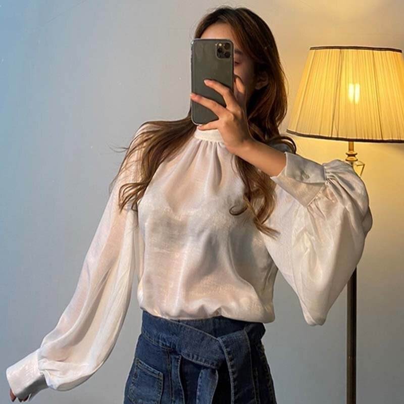 Vintage Mode Frauen Glatte Bluse Laterne Hülse Solide Koreanische Shirt Büro Dame Schlank Blusas Frühling Herbst Elegante Blusen Tops