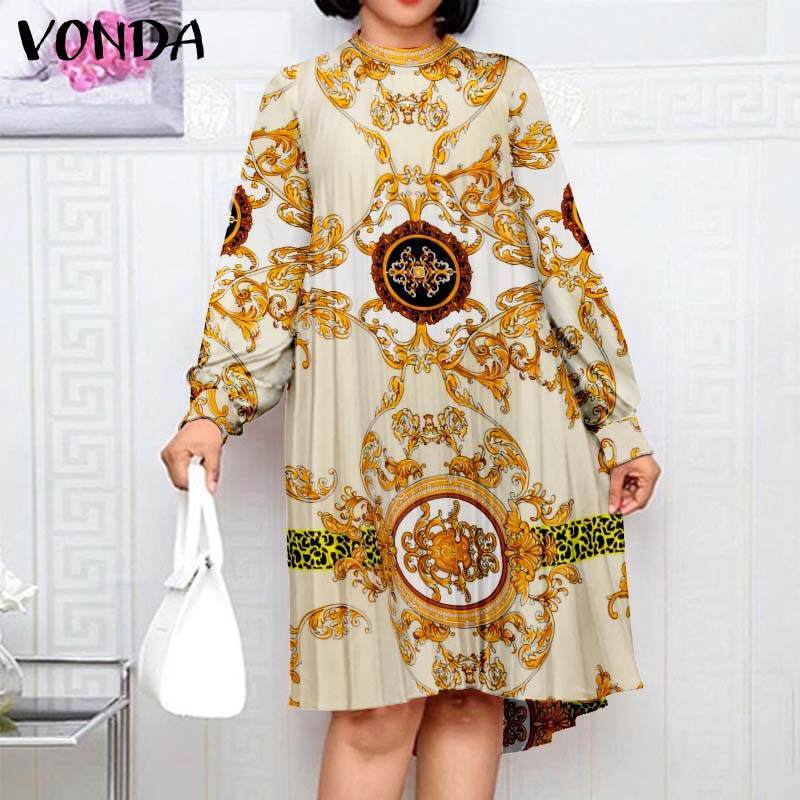 Plus ขนาดผู้หญิงชุด VONDA สบายๆแขนยาว Vestidos Vintage พิมพ์เข่าความยาวเสื้อคลุมสุภาพสตรี O คอ Bohemian vestido