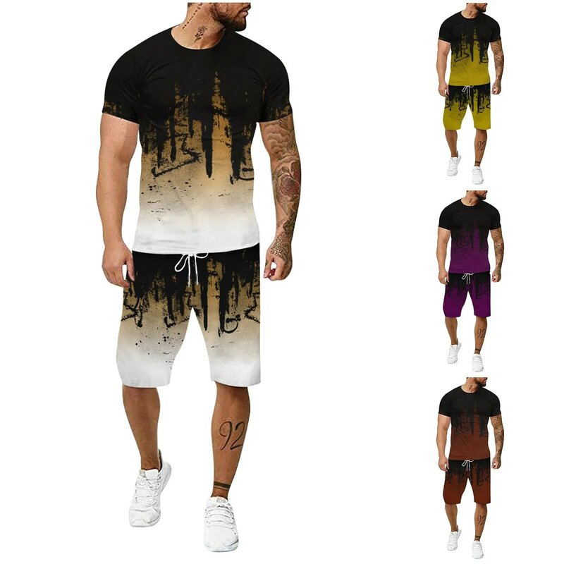 54 # мужские летние спортивные костюмы для отдыха с 3D-принтом, большой размер, футболка для фитнеса и бега на открытом воздухе, шорты, костюм и...