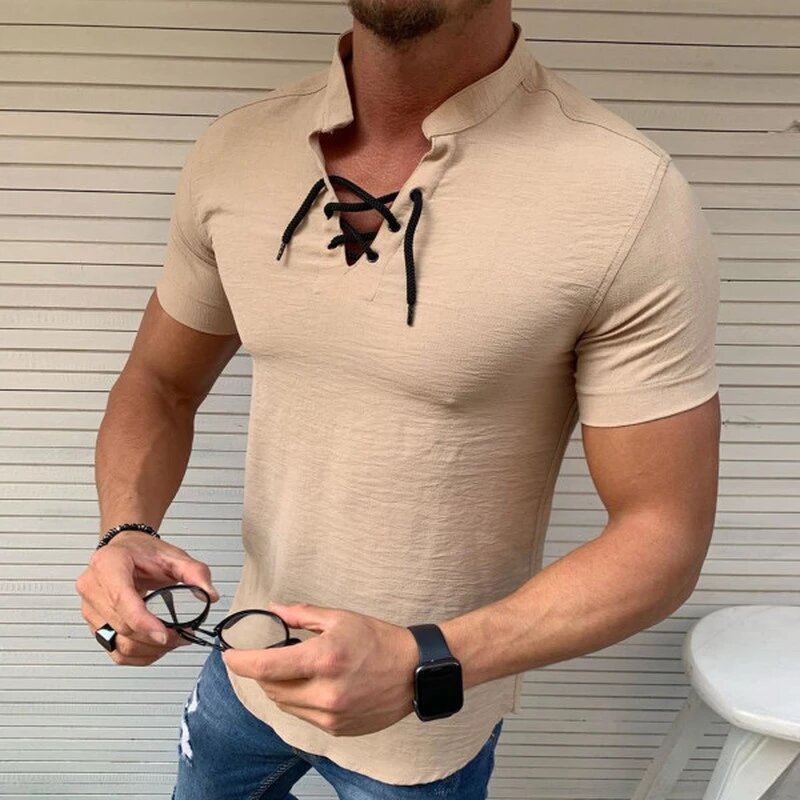Men's2021 camiseta de manga curta fino ajuste casual streetwear gola rendas topos verão