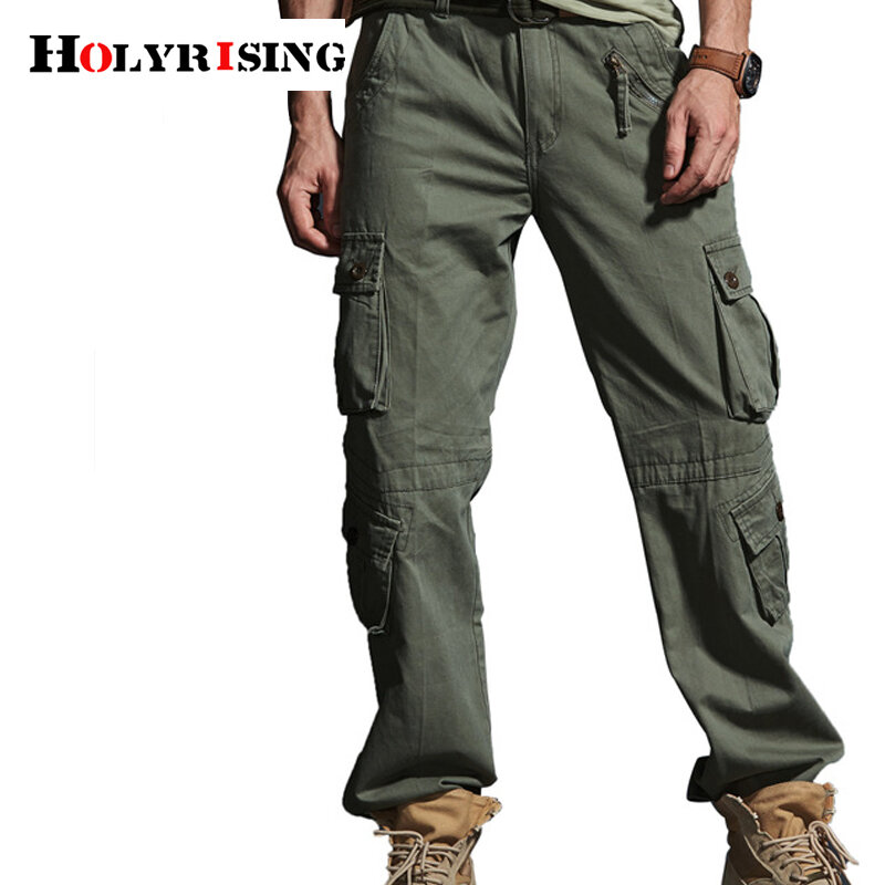 Holyrising caqui calças casuais dos homens militar tático camuflagem calças de carga multi-bolso fashions 100% algodão 19154